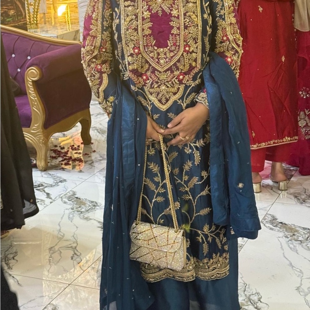 Embroidered Blue and Gold Traditional Pakistani Dress